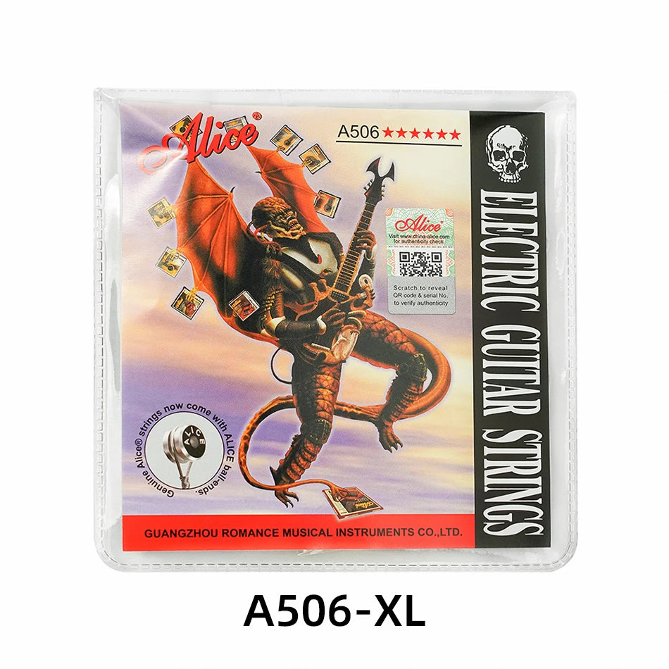 A506 electric guitar strings packaging featuring a stylized illustration of a guitar and skull.