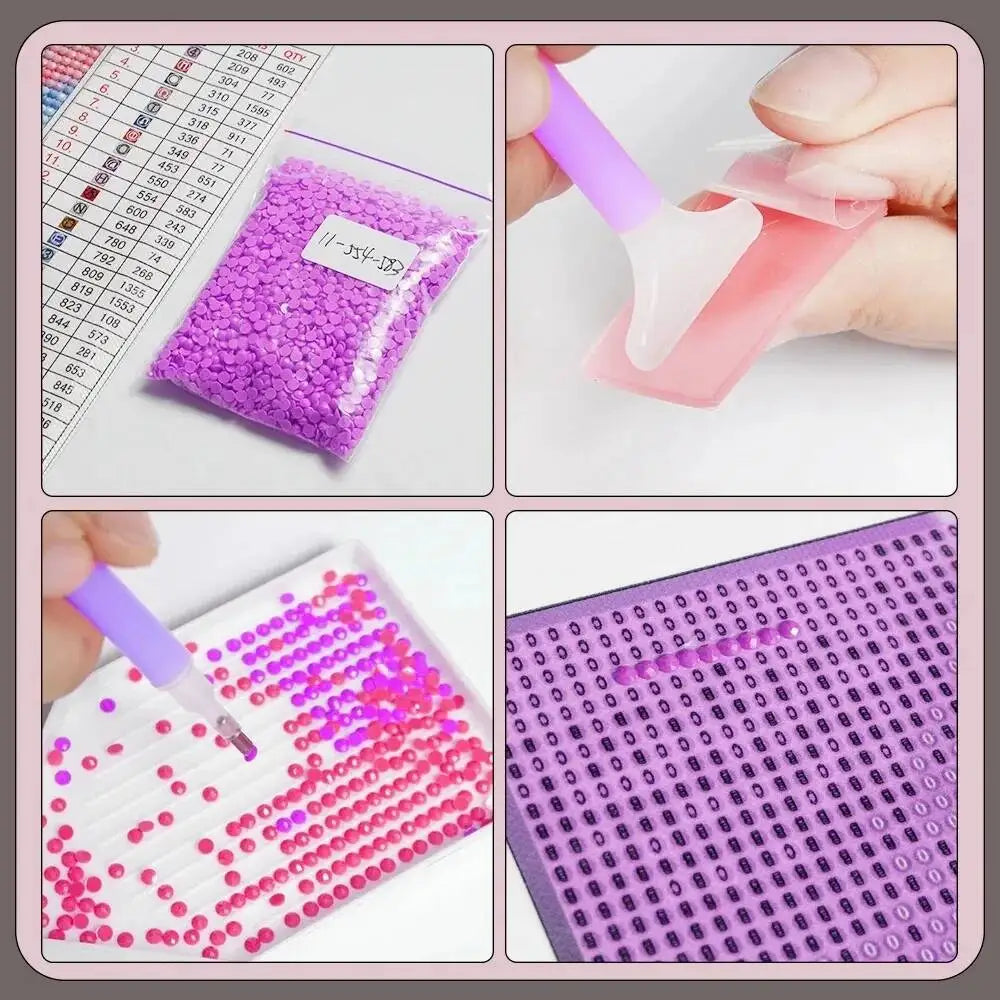 Diamond painting kit featuring purple and pink beads, including a full round drill and portrait design.