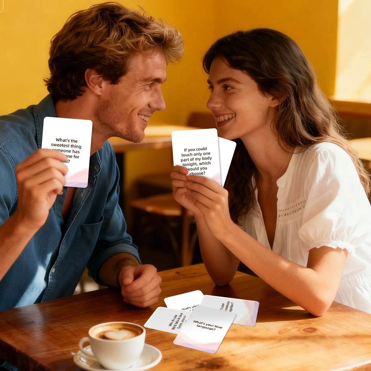A man and a woman are smiling while looking at conversation starter cards on a wooden table.