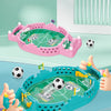Two pink and blue tabletop foosball games are shown with hands interacting with the soccer balls.