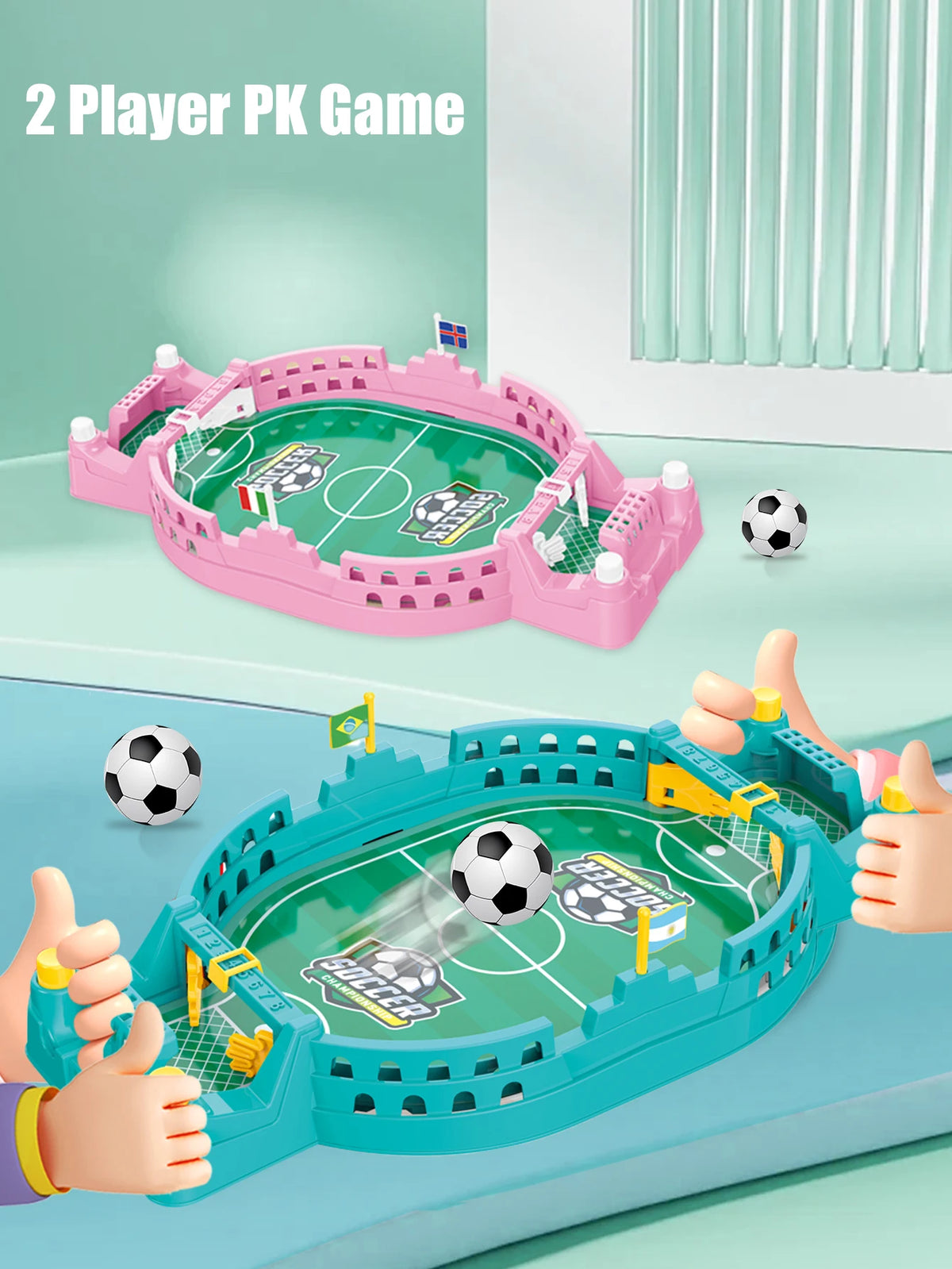 Two pink and blue tabletop foosball games are shown with hands interacting with the soccer balls.