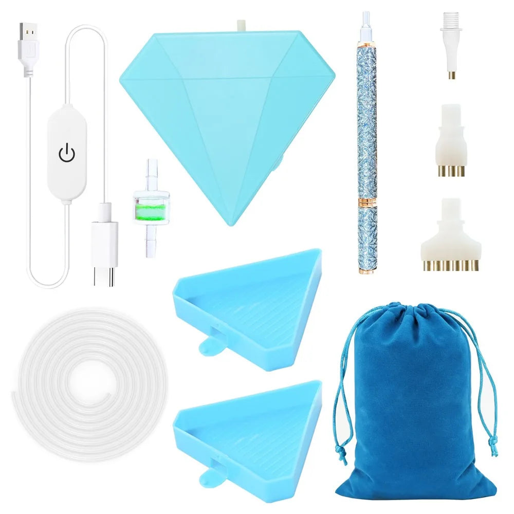 A kit for electric diamond painting featuring a USB suction tool, a painting pen, and a blue velvet pouch.