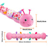 Pink caterpillar plush toy with colorful polka dots and sensory features for play