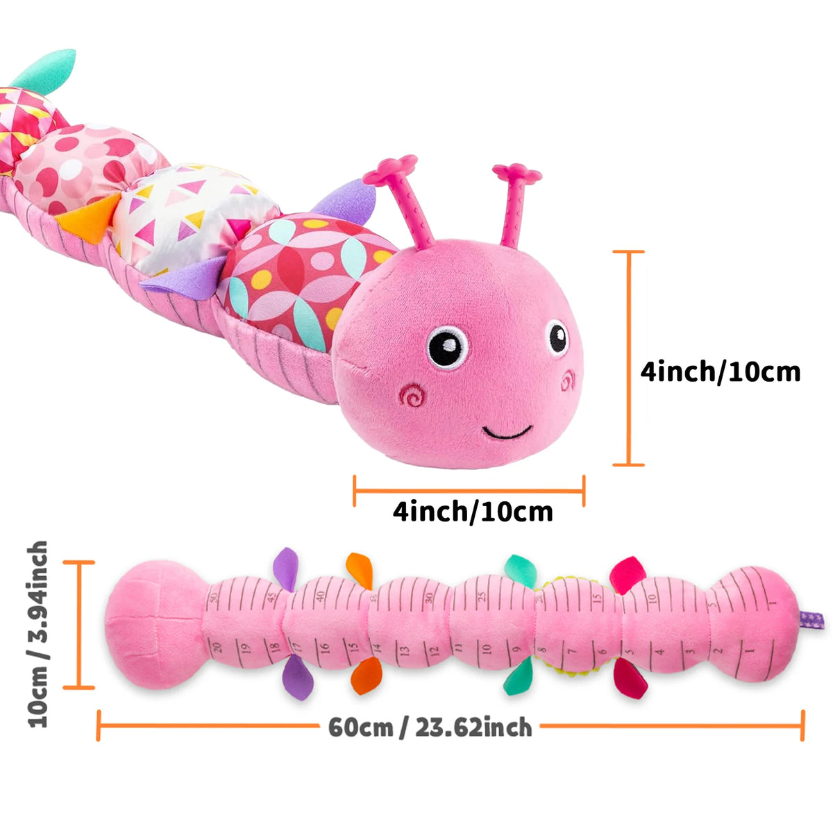 Pink caterpillar plush toy with colorful polka dots and sensory features for play