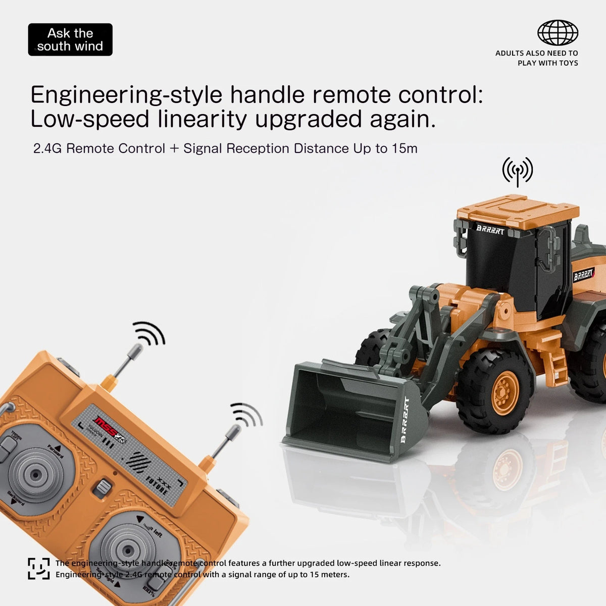 An orange engineering-style handle remote control for a mini RC construction vehicle set.