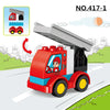 A red construction vehicle building block set with a large dump truck and minifigure driver on a road.