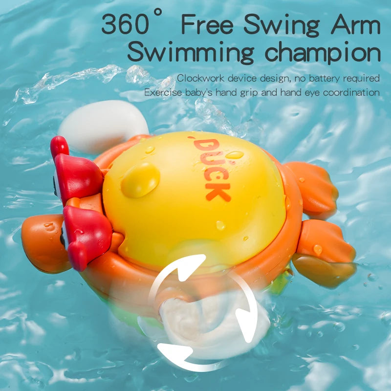 A yellow duck swimming arm champion toy with colorful appendages floating in blue water.