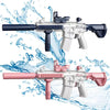 A white and pink water blaster rifle is shown spraying water against a blue background.