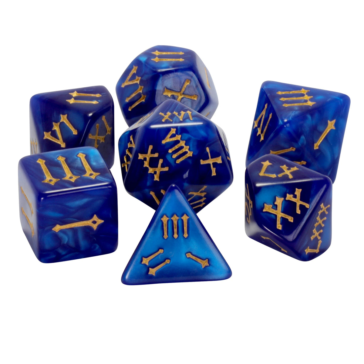 A set of seven blue polyhedral dice featuring Roman numerals and gold accents.