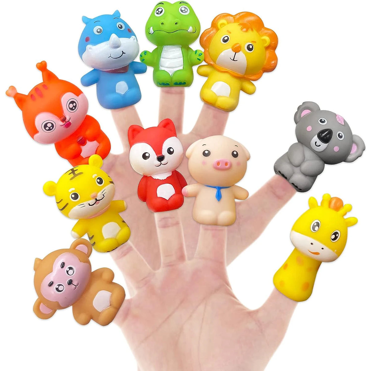 A hand displays ten soft rubber animal finger puppets, including a blue bear, green frog, yellow lion, and others.