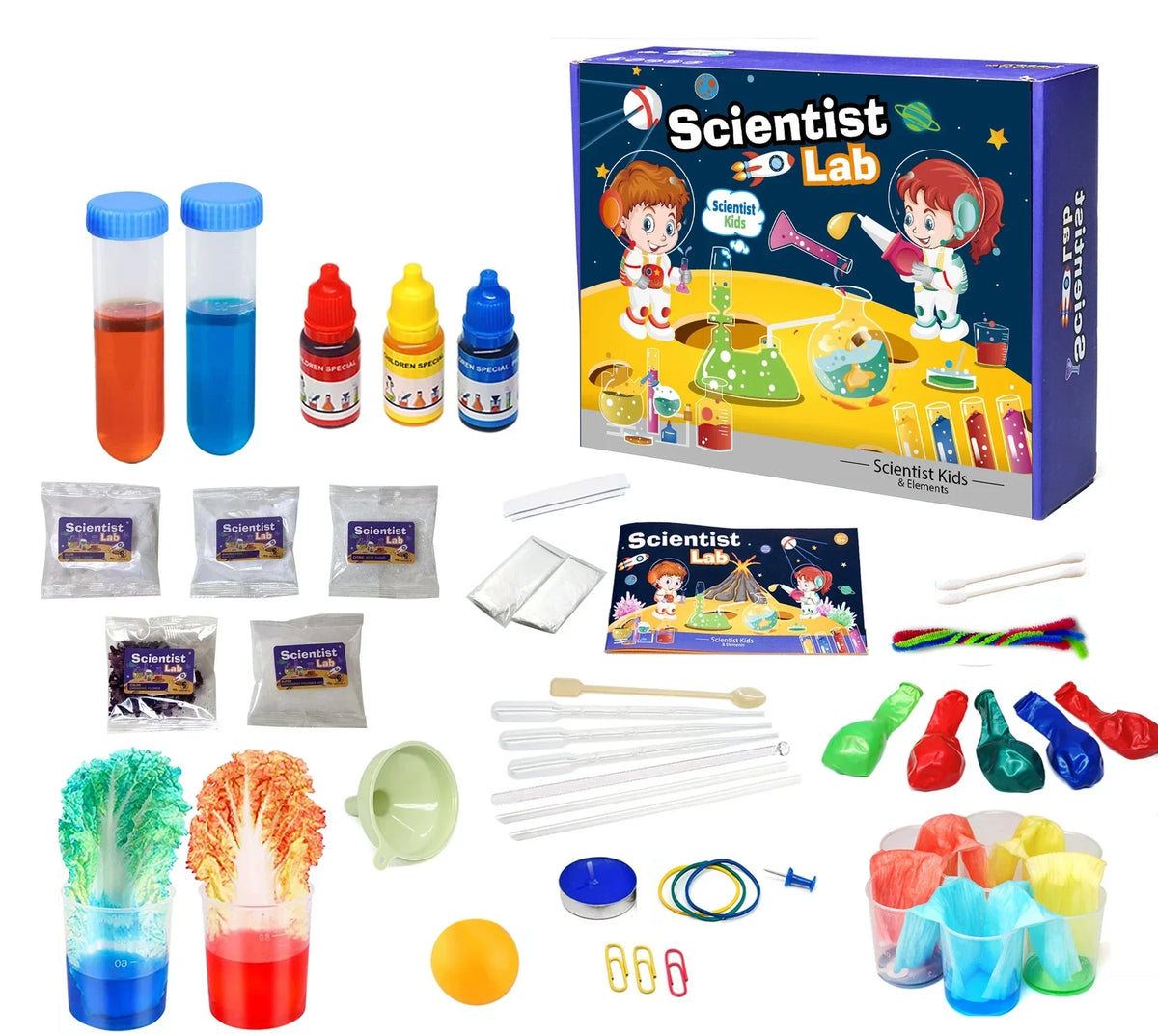 A box of a Scientist Lab kit for kids showing various colorful chemical learning activities and equipment.