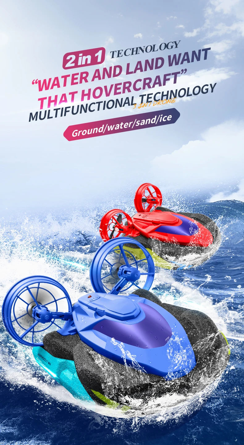 Un bateau RC électrique amphibie bleu et noir éclabousse dans l'eau bleue.