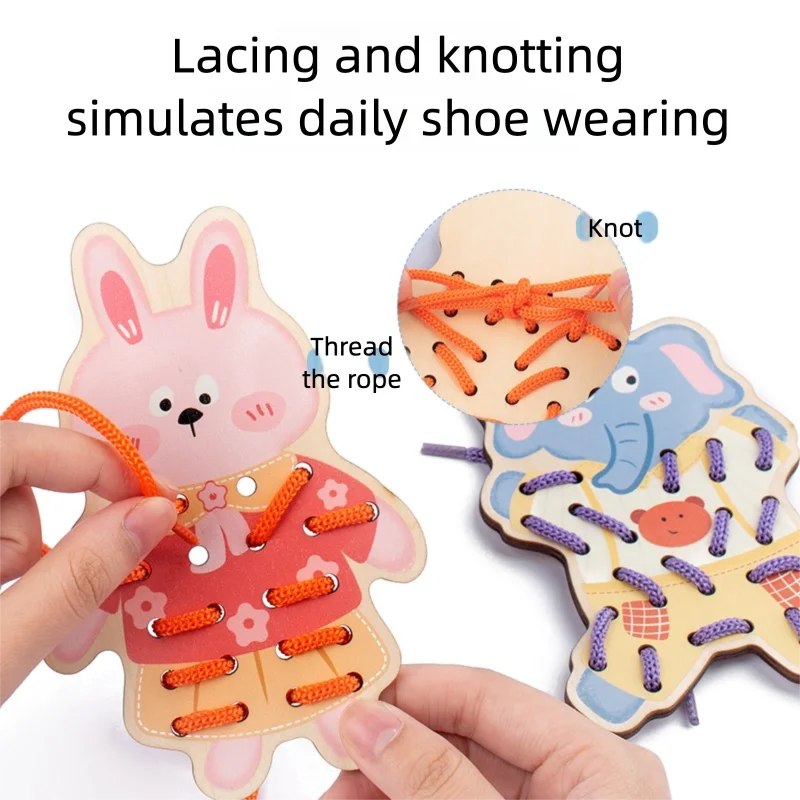 A hand is lacing a wooden rabbit toy with orange thread and rope to simulate daily shoe wearing.