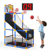 An LED arcade basketball game with an adjustable stand and four balls is shown in a vertical frame.