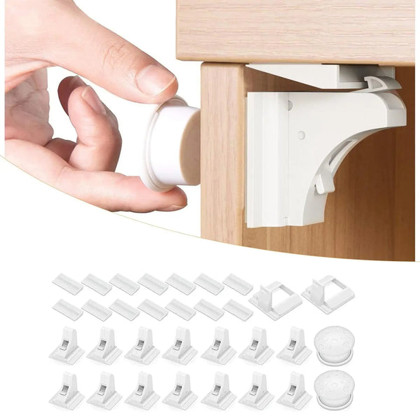 A set of magnetic cabinet door locks and latches for child safety, shown with a hand demonstrating the mechanism.