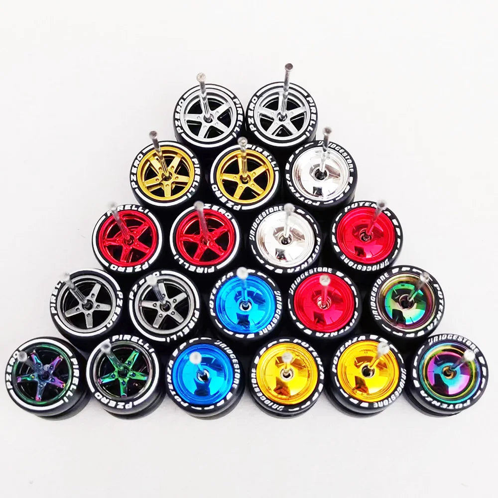 1/64 Scale Alloy Car Wheels with Rubber Tires - 10 Sets