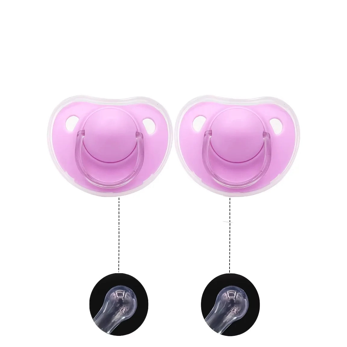 A pair of pink silicone pacifiers with protective covers and silicone soothers for baby comfort