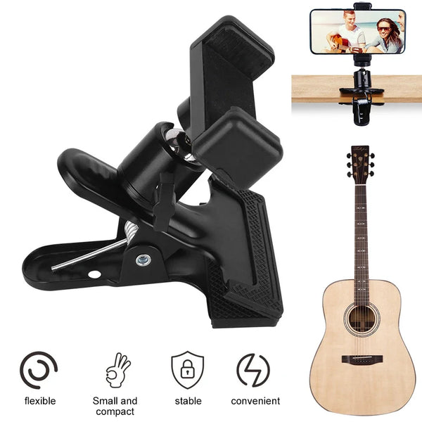 Black adjustable mount for holding a guitar and cell phone, shown with features like flexibility and stability.