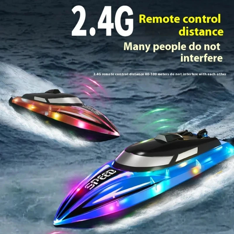 Two remote controlled speedboats with colorful lights are shown moving on the water.