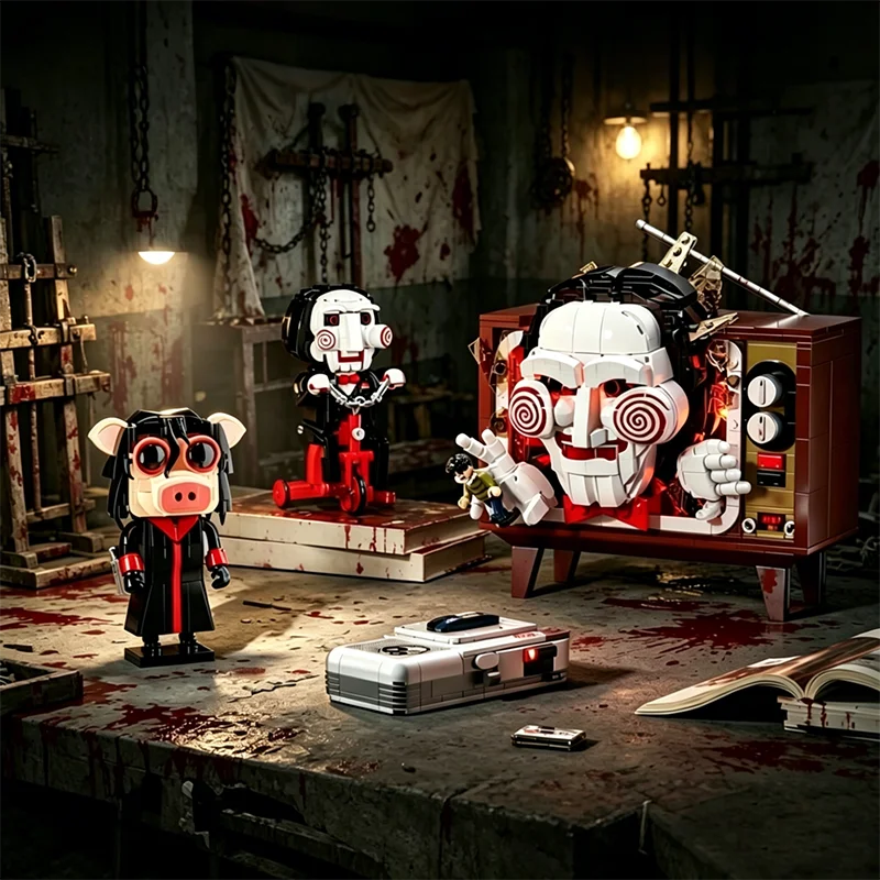 A horror movie puppet model building set featuring a white mask and red accents, displayed in a dark, gritty setting.