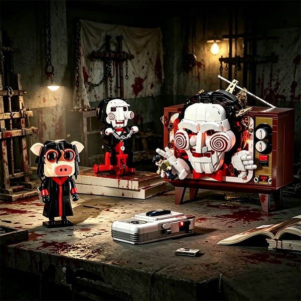 Ensemble de construction de marionnette de film d'horreur avec un masque blanc et des accents rouges, présenté dans un décor