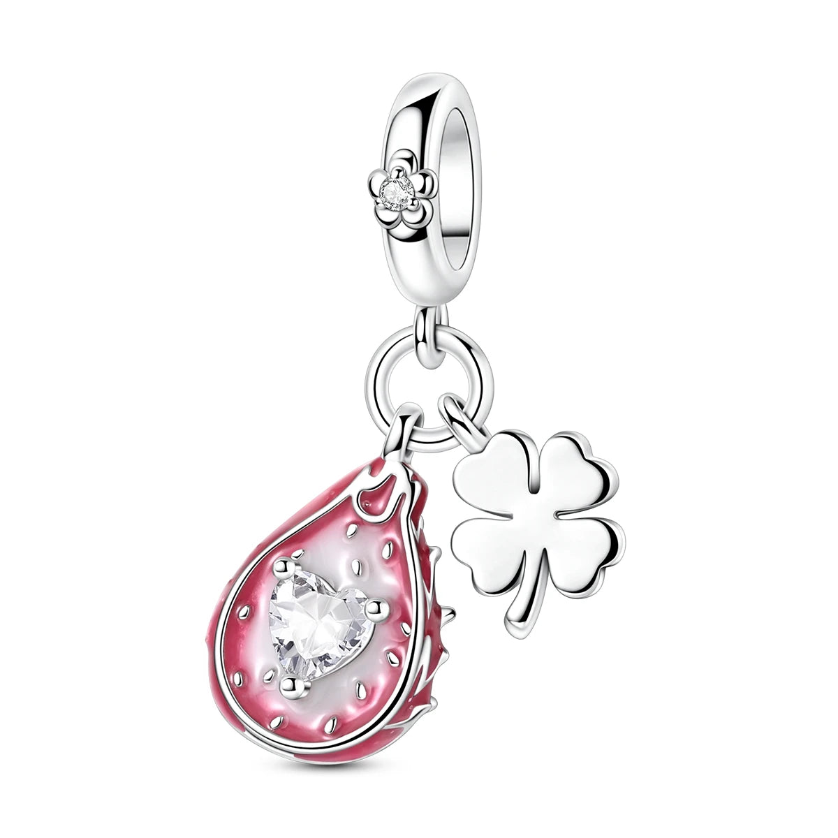 A silver fruit charm bead featuring a pink and white teardrop shape with a clear heart-shaped gemstone.