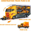 A yellow construction truck push and go toy set with various die-cast vehicles inside a transporter box.