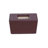 A rectangular, dark brown wooden box with a rectangular opening for a puzzle or challenge.