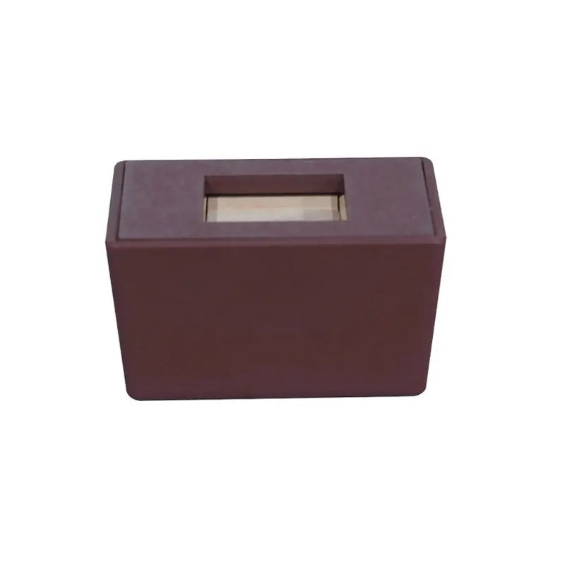 A rectangular, dark brown wooden box with a rectangular opening for a puzzle or challenge.