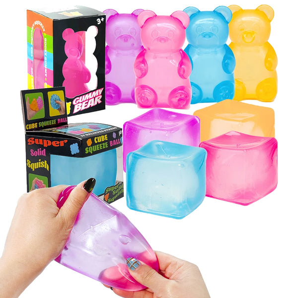 A collection of colorful gummy bear cube squeeze toys in various shades of pink, blue, and yellow are displayed next to a han