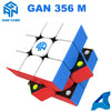 A blue and red magnetic speed cube, the GAN 356 M puzzle, is shown from an angle.