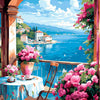 A vibrant painting of a seaside harbor view with lush pink flowers in a window frame.