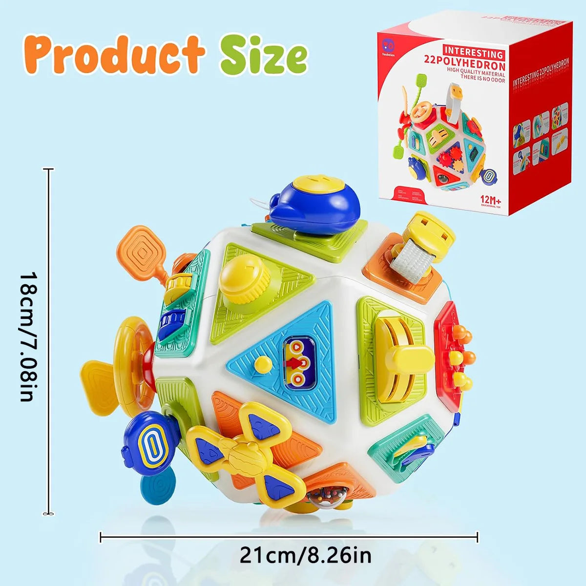 A colorful Montessori busy board cube toy with various sensory features and components.