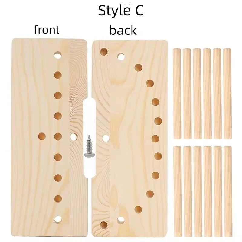 Wooden ribbon bow maker showing the front and back views of a light wood tool with holes for ribbon.