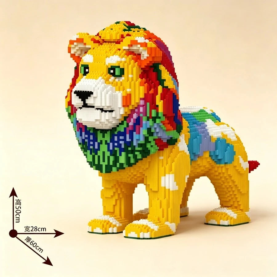 A detailed micro building block set of a majestic lion in yellow and multicolored pieces.