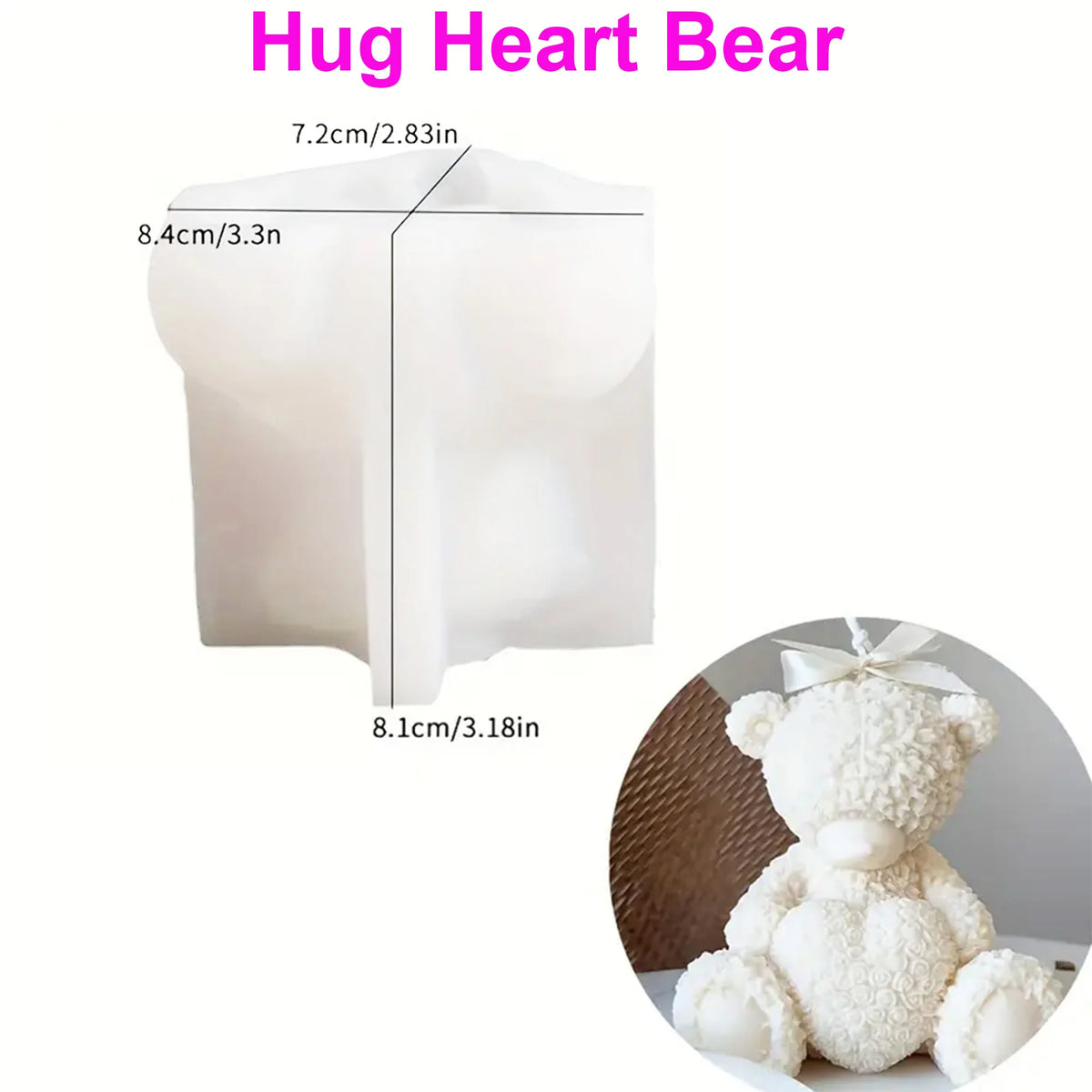 White silicone mold shaped like a hug heart bear for candles and resin