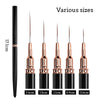 A set of various sizes of ultra-fine nail art liner brushes shown vertically with measurements ranging from 2.4cm to 0.6cm