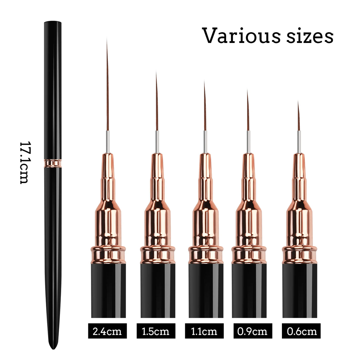 A set of various sizes of ultra-fine nail art liner brushes shown vertically with measurements ranging from 2.4cm to 0.6cm