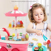 A pink ice cream candy cart toy with various ice cream treats and a young girl playing with it.