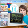 An LCD drawing tablet for kids is shown with various colored pens and safety warnings.