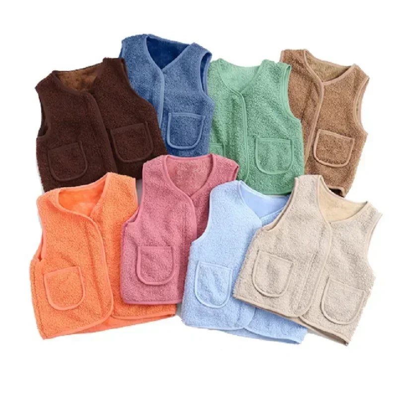 A collection of cozy lamb wool baby vests in various shades including blue, green, brown, and orange.