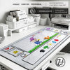 A large gaming mouse pad featuring a colorful illustration of a character and various icons for use on a desk.