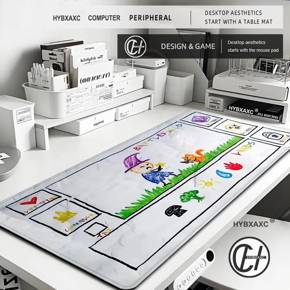 A large gaming mouse pad featuring a colorful illustration of a character and various icons for use on a desk.
