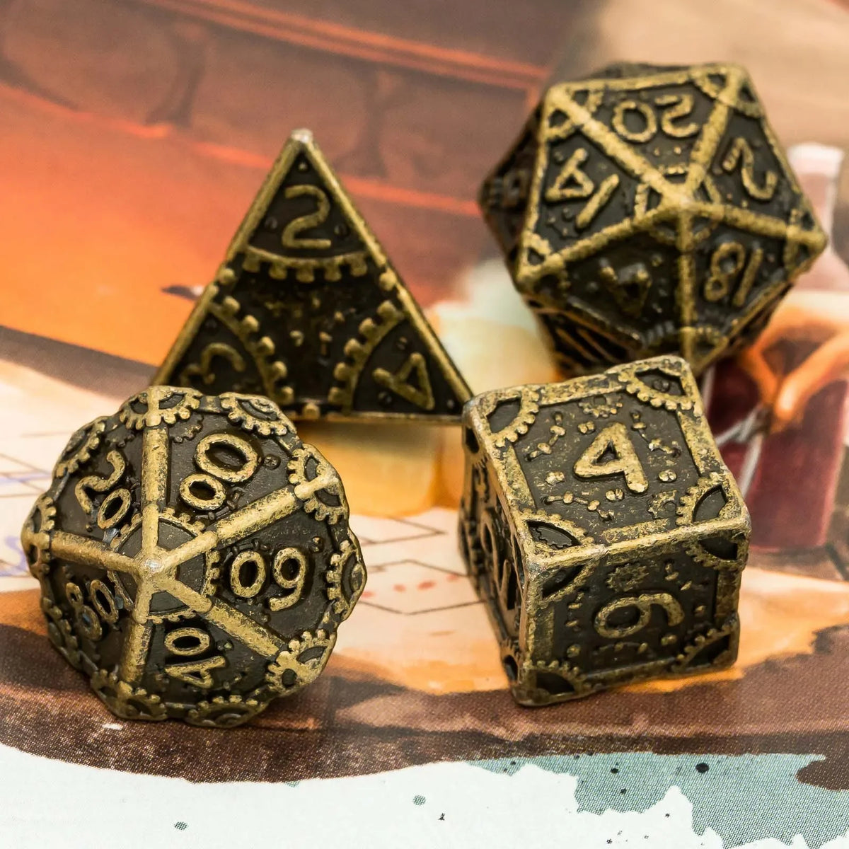 Steampunk Metal Dice Set - 7-Piece Polyhedral RPG Dice