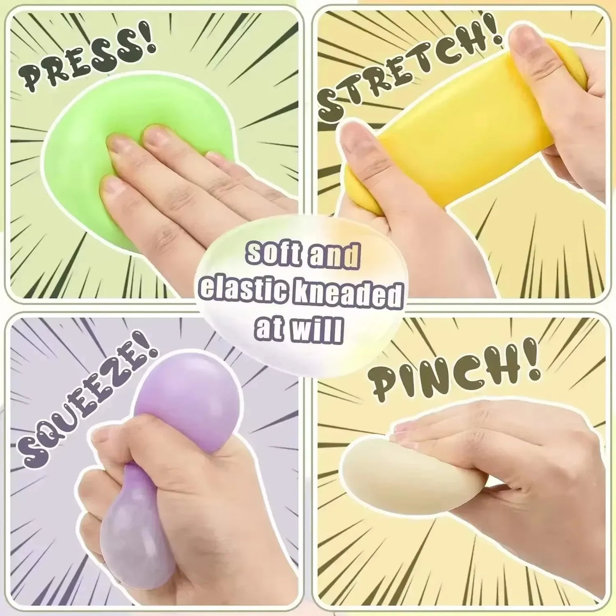 Hands demonstrate various actions like press, stretch, squeeze, and pinch on a purple dumpling squishy stress ball.