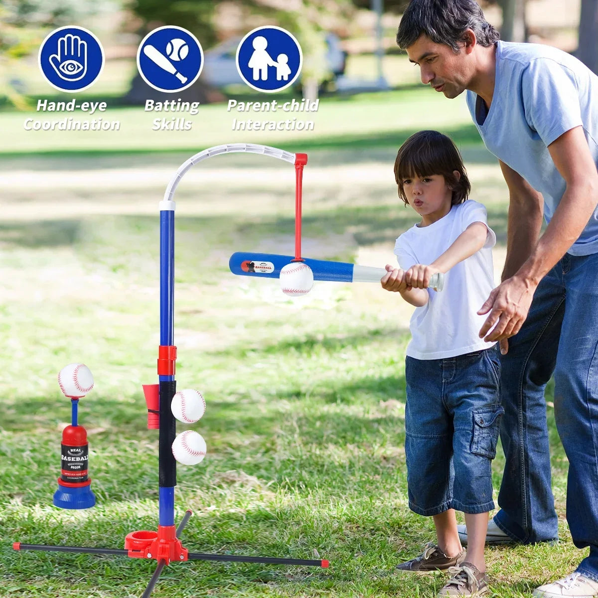 A boy is playing a 3-in-1 kids baseball toy set with an adjustable stand and auto launcher in a grassy field.