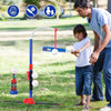 A boy is playing a 3-in-1 kids baseball toy set with an adjustable stand and auto launcher in a grassy field.