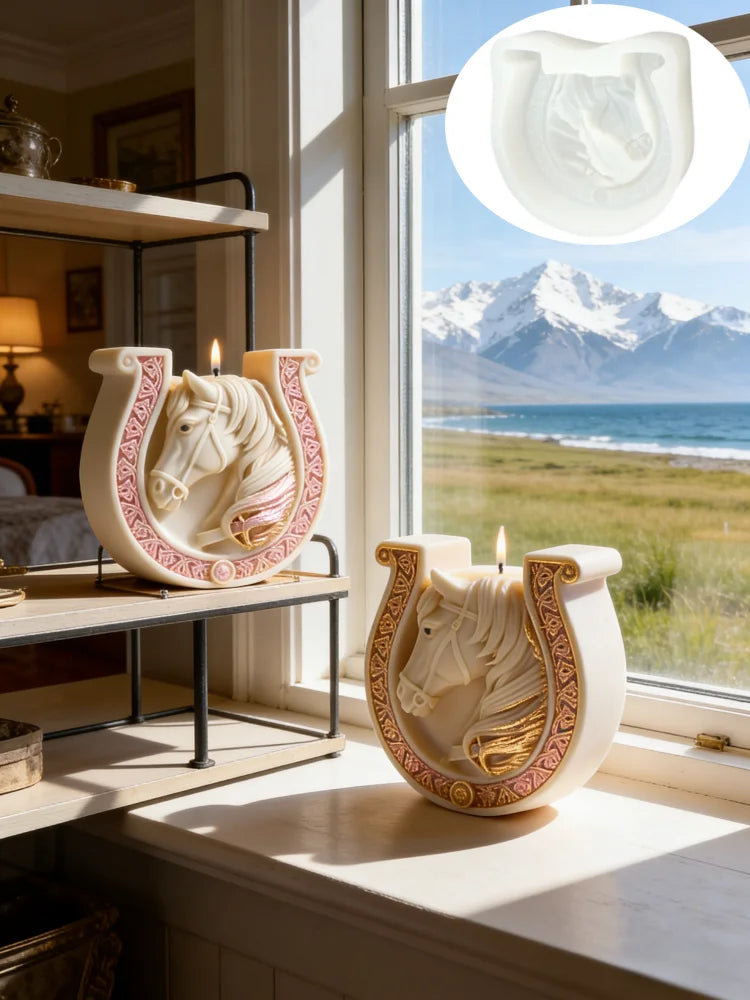 A white ceramic candle mold shaped like a horse with Celtic knot detailing sits on a wooden shelf next to a window view.