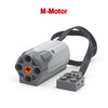 An M-Motor technical power function motor set with a gray housing and black wires.