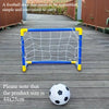 A yellow and blue portable soccer goal frame with a white ball is placed on a wooden deck.